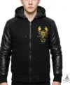 Mens Black Scorpion Hooded Jacket with Genuine Leather Sleeves