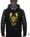 Mens Black Scorpion Hooded Jacket with Genuine Leather Sleeves back