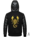 Mens Black Scorpion Hooded Jacket with Genuine Leather Sleeves back view