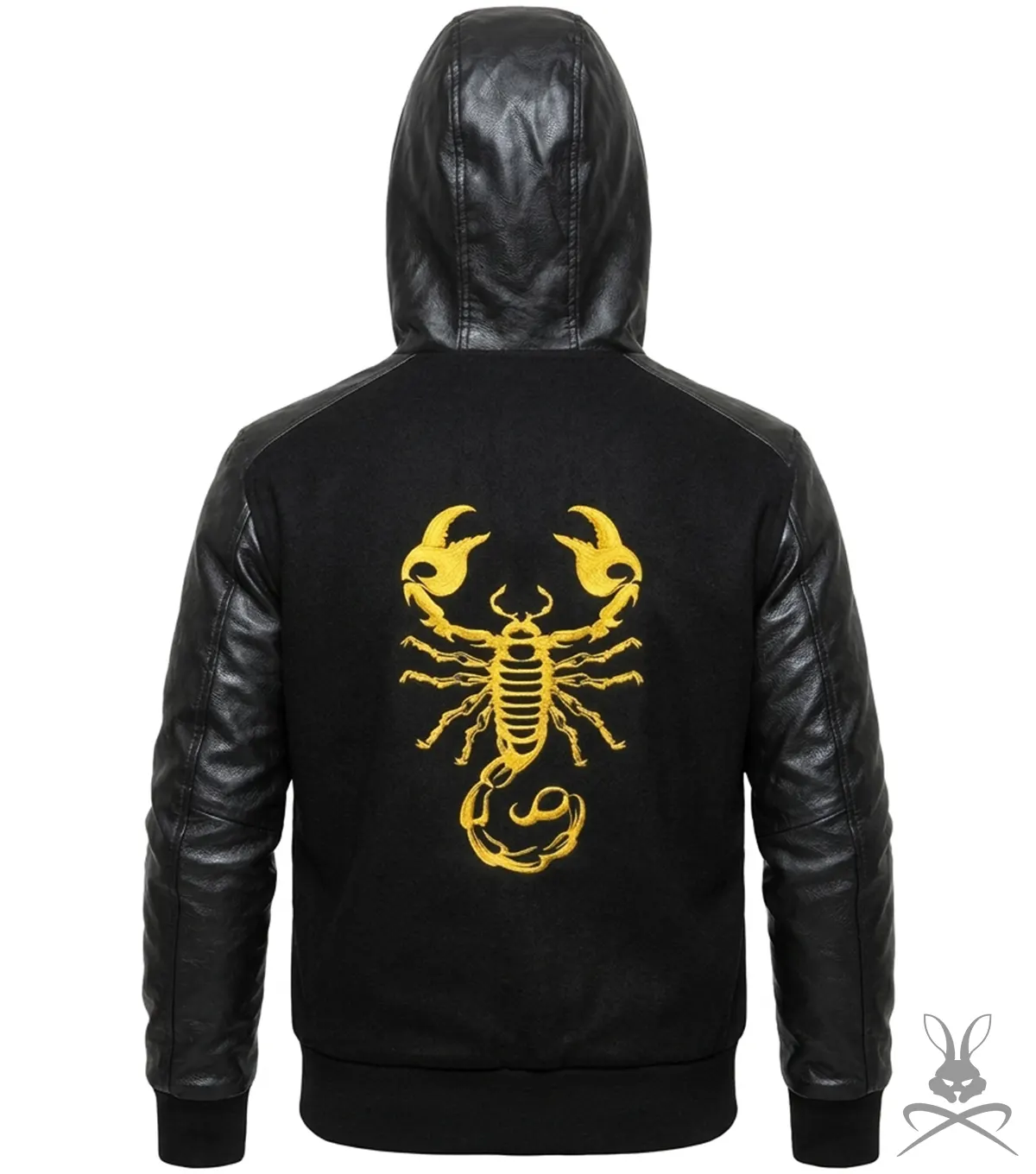 Mens Black Scorpion Hooded Jacket with Genuine Leather Sleeves back view