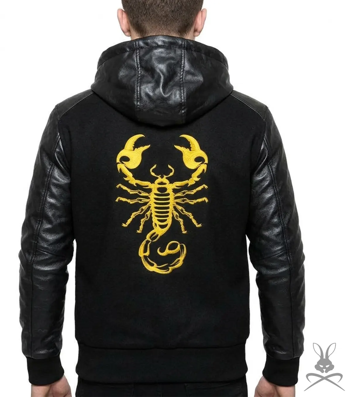 Mens Black Scorpion Hooded Jacket with Genuine Leather Sleeves back