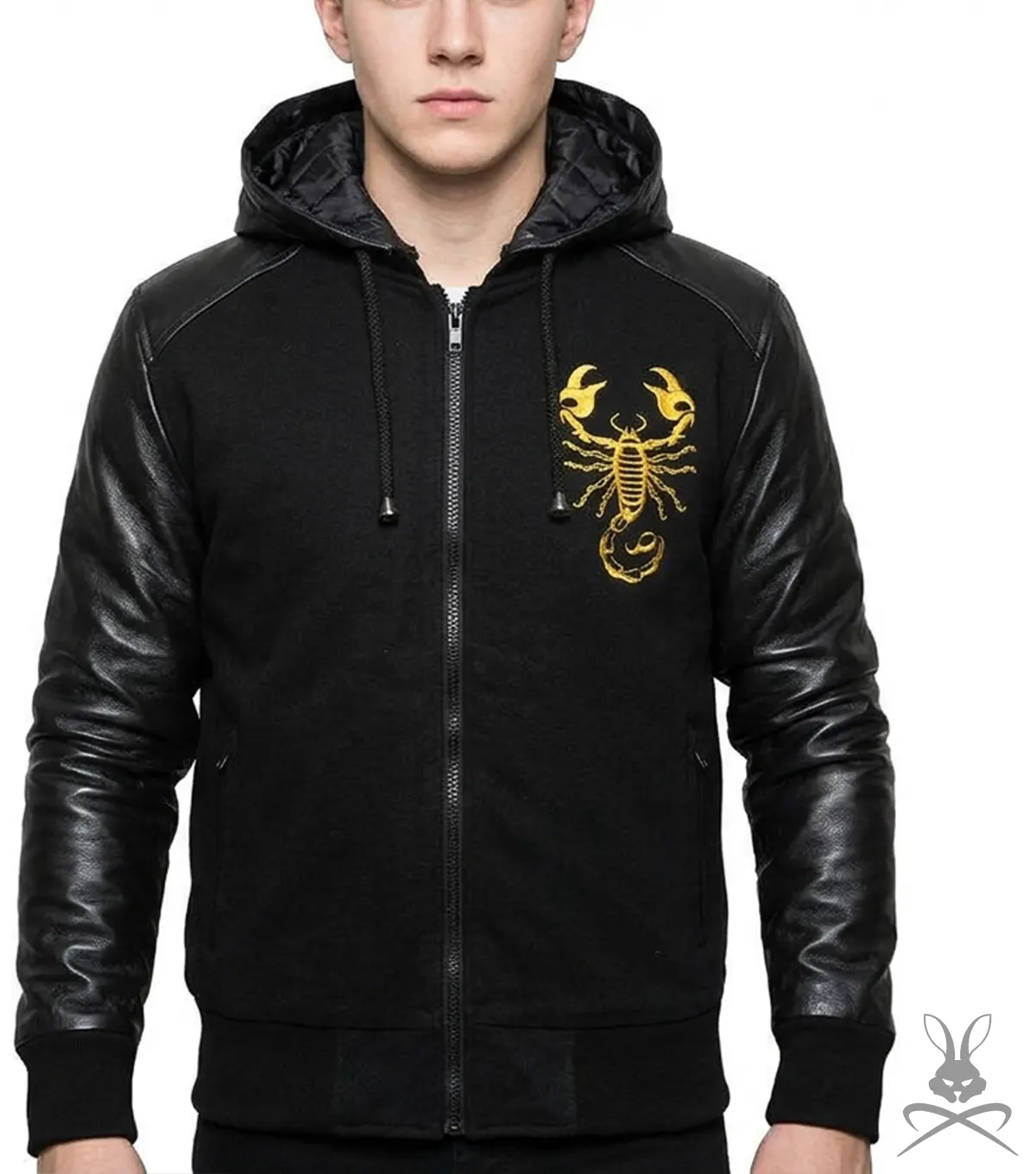 Mens Black Scorpion Hooded Jacket with Genuine Leather Sleeves