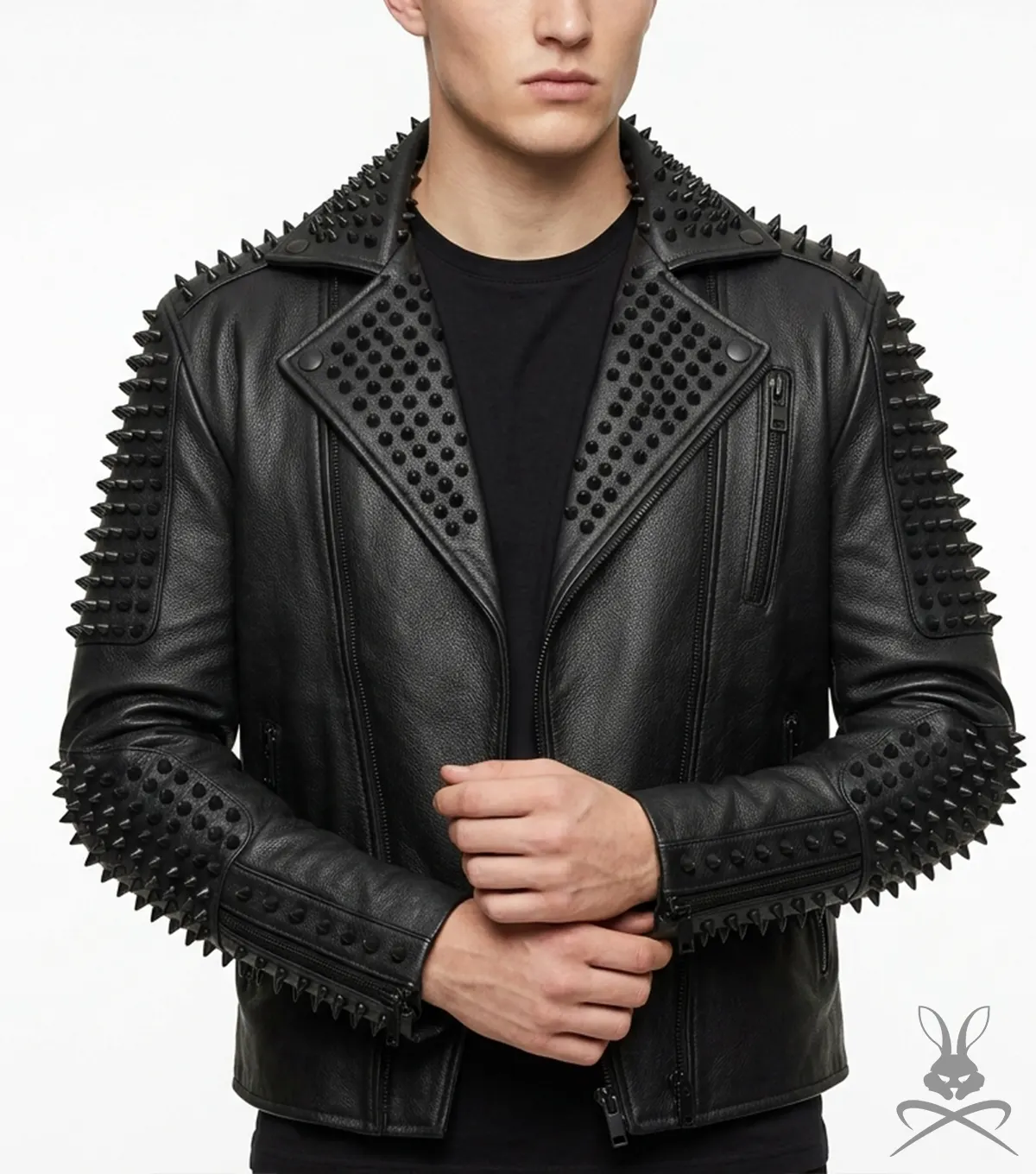 Mens Black Studded Punk Rock Real Leather Biker Jacket