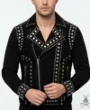 Mens Black Studded Suede Leather Biker Jacket