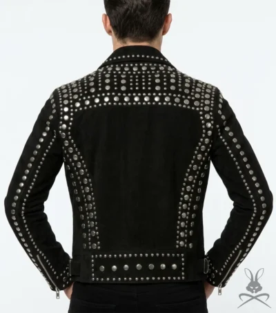 Mens Black Studded Suede Leather Biker Jacket back