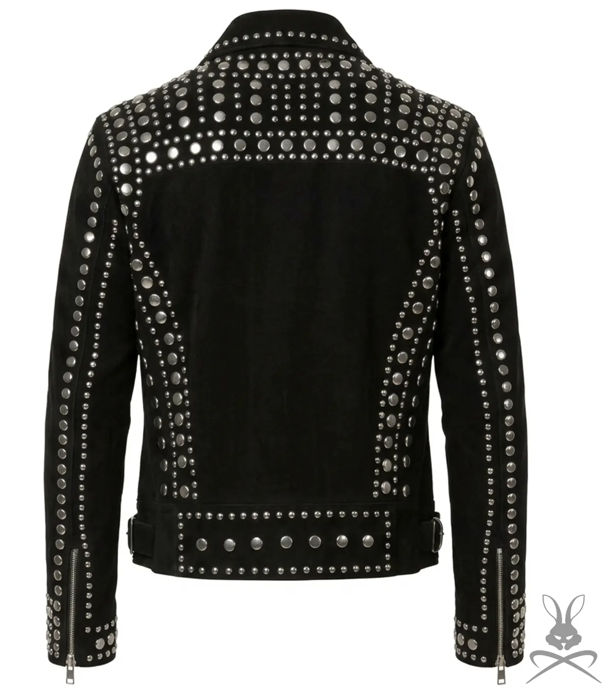 Mens Black Studded Suede Leather Biker Jacket back view