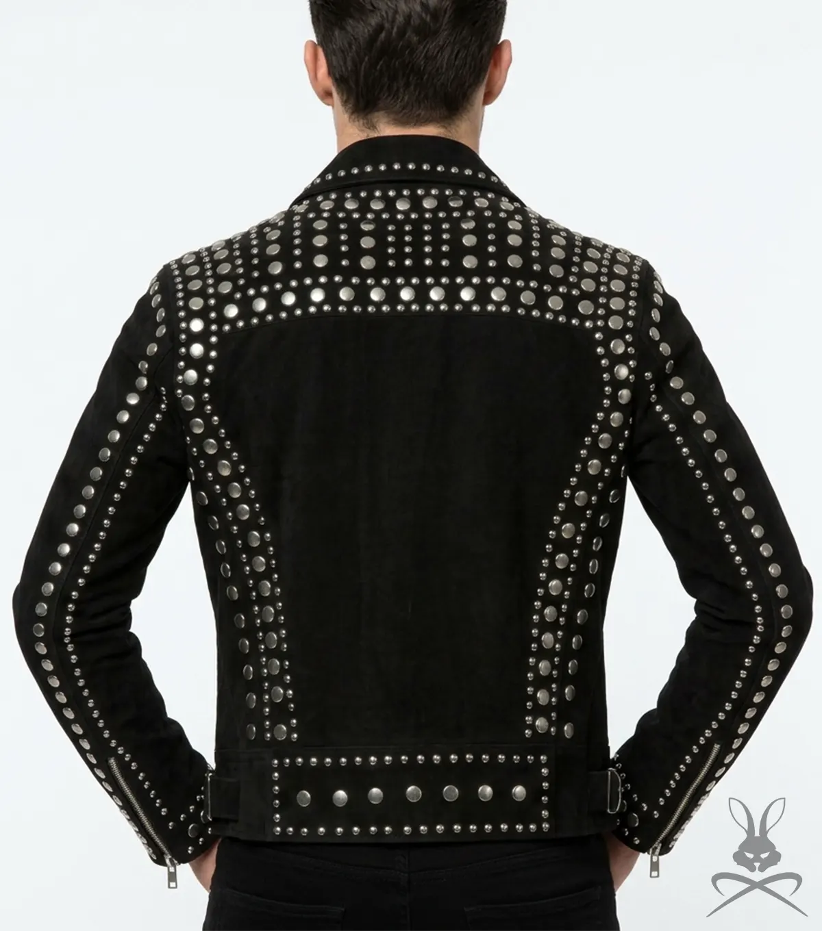 Mens Black Studded Suede Leather Biker Jacket back