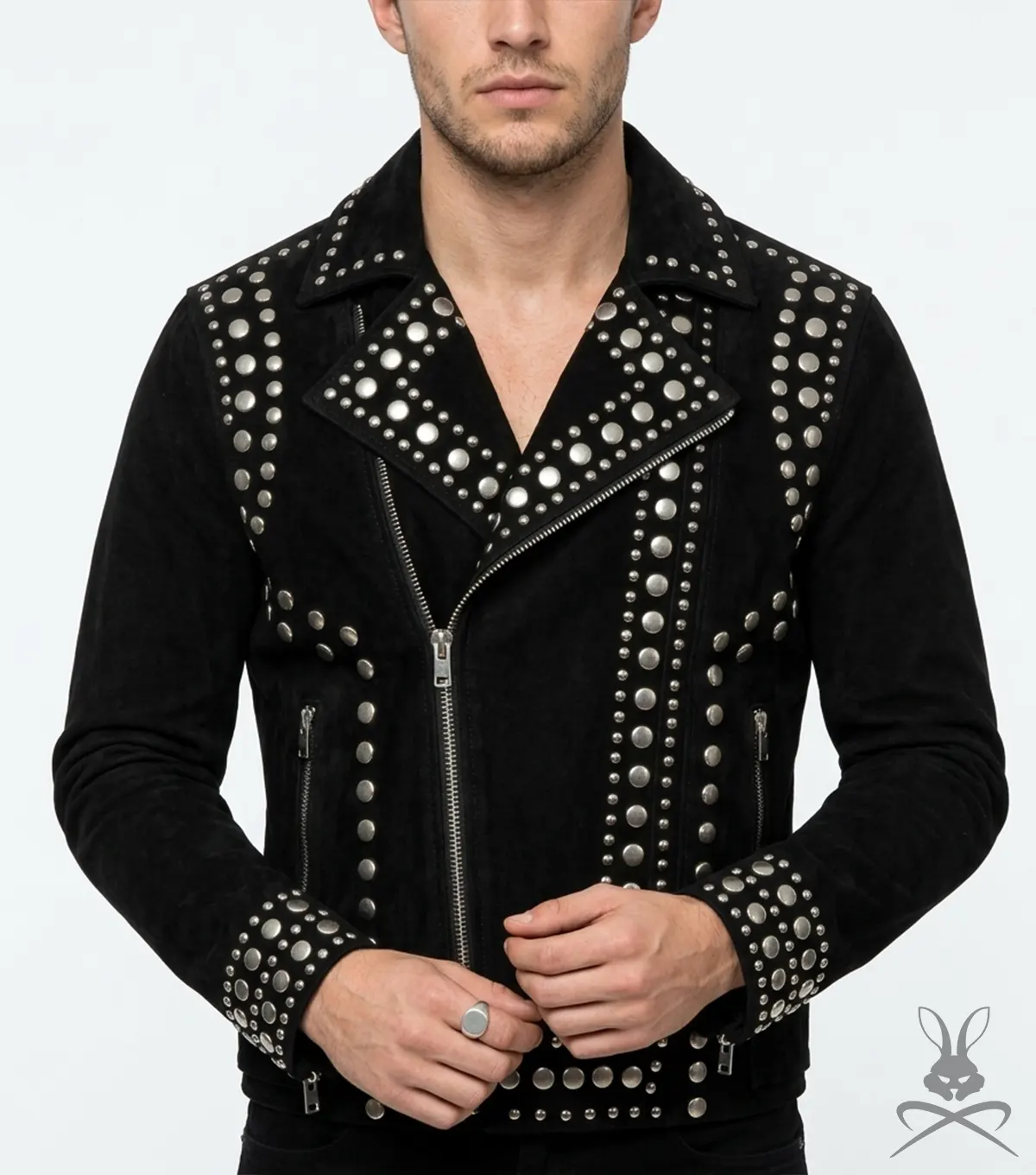Mens Black Studded Suede Leather Biker Jacket