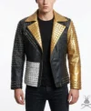 Mens Black and Gold Cone Spike Leather Jacket