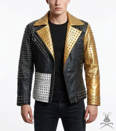 Mens Black and Gold Cone Spike Leather Jacket