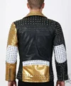 Mens Black and Gold Cone Spike Leather Jacket back view
