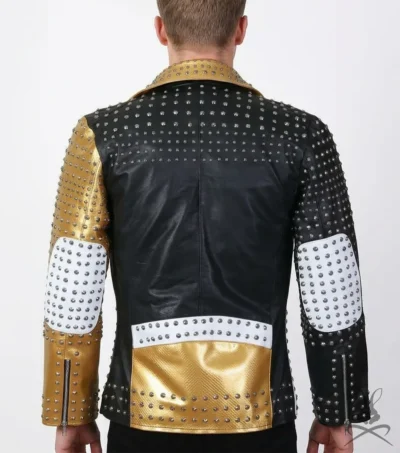 Mens Black and Gold Cone Spike Leather Jacket back view
