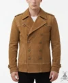 Mens Brown Suede Double-Breasted Pea Coat