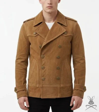 Mens Brown Suede Double-Breasted Pea Coat