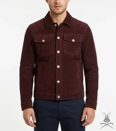 Mens Burgundy Suede Trucker Leather Jacket