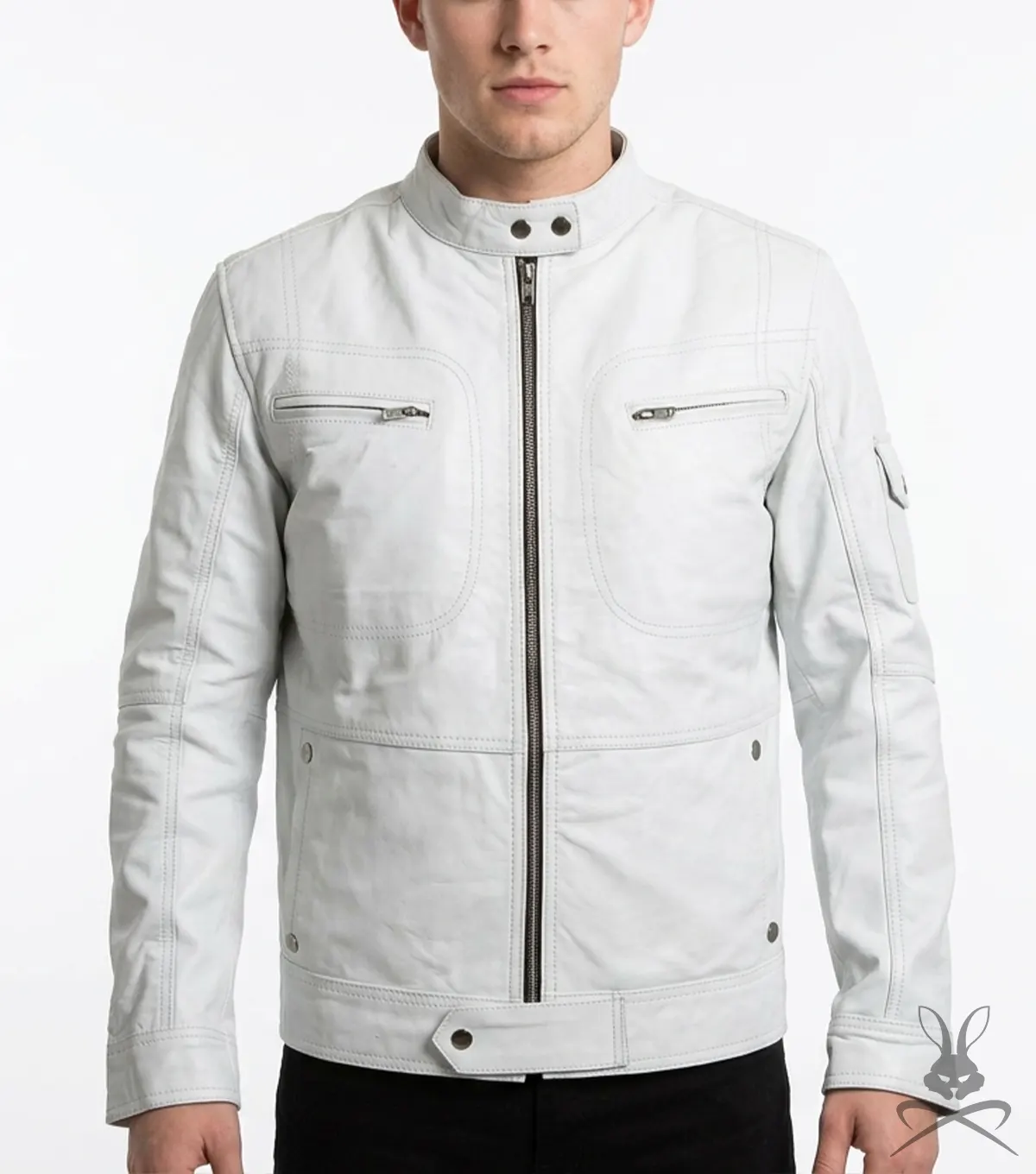 Mens Flawless White Bomber Real Leather Racer Jacket