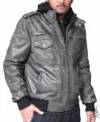 Mens Grey Hooded Leather Bomber Jacket