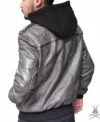 Mens Grey Hooded Leather Bomber Jacket back