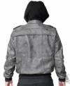 Mens Grey Hooded Leather Bomber Jacket back view