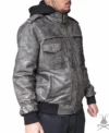 Mens Grey Hooded Leather Bomber Jacket side