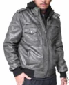 Mens Grey Hooded Leather Bomber Jacket view