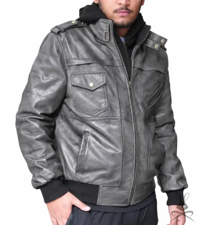 Mens Grey Hooded Leather Bomber Jacket view