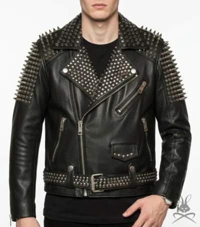Mens Lambert Black Studded Spiked Leather Biker Jacket