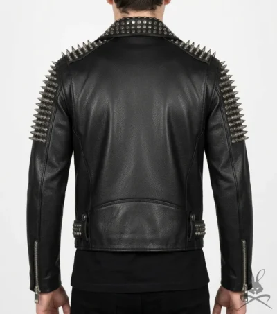 Mens Lambert Black Studded Spiked Leather Biker Jacket back