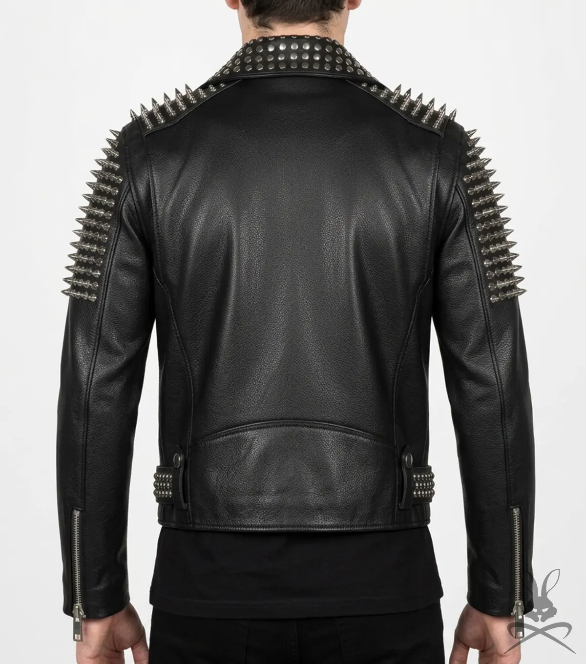 Mens Lambert Black Studded Spiked Leather Biker Jacket back