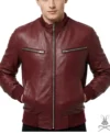 Mens Maroon Red Real Leather Jacket with Elastic Bottom