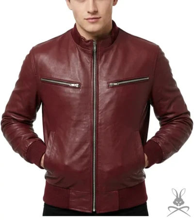 Mens Maroon Red Real Leather Jacket with Elastic Bottom