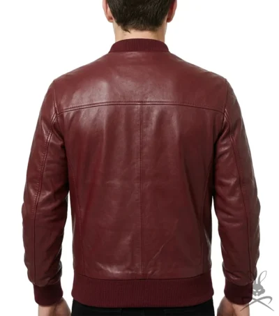 Mens Maroon Red Real Leather Jacket with Elastic Bottom back