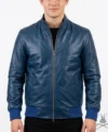 Mens Navy Blue Ribbed Cuff Bomber Flight Leather Jacket