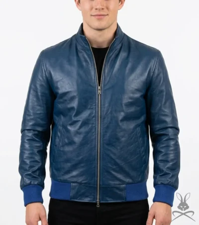 Mens Navy Blue Ribbed Cuff Bomber Flight Leather Jacket