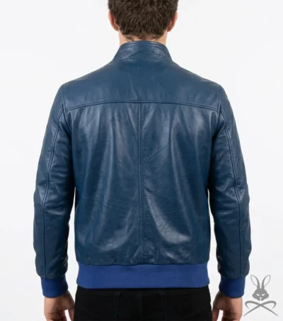 Mens Navy Blue Ribbed Cuff Bomber Flight Leather Jacket back