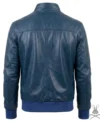 Mens Navy Blue Ribbed Cuff Bomber Flight Leather Jacket back view
