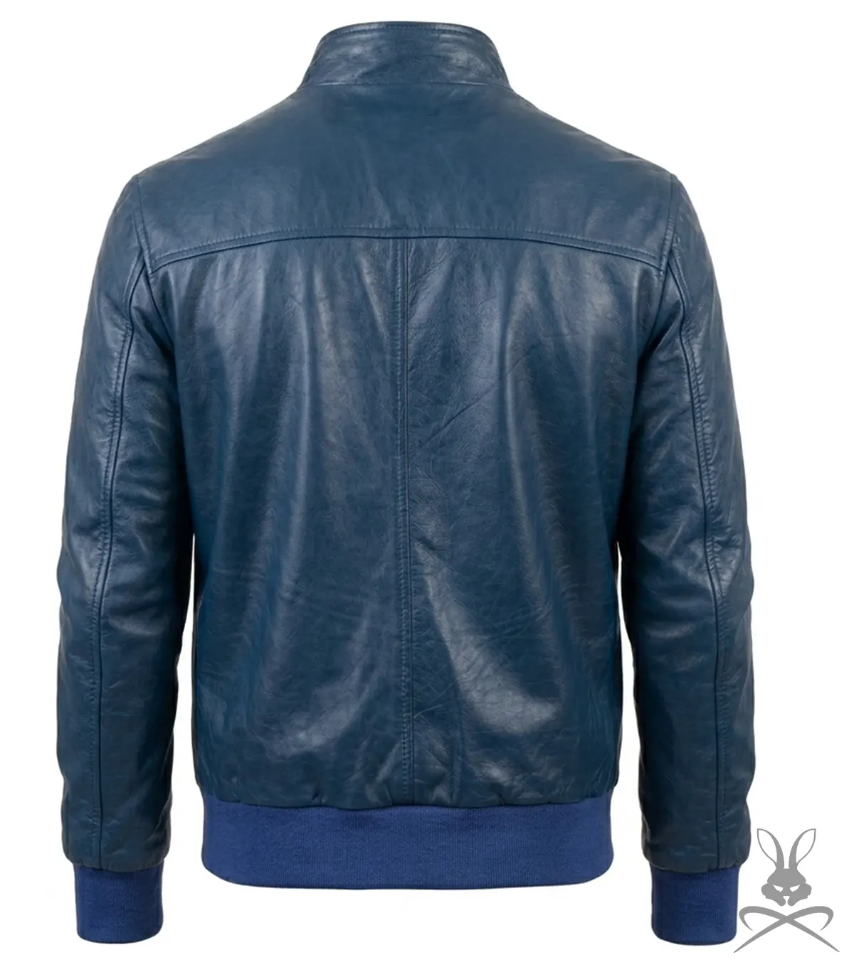 Mens Navy Blue Ribbed Cuff Bomber Flight Leather Jacket back view