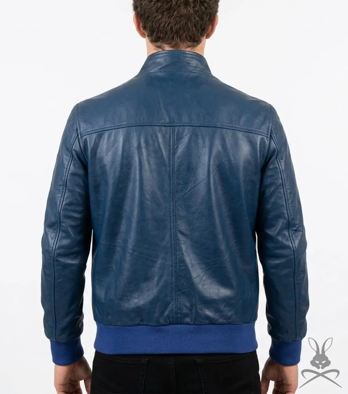 Mens Navy Blue Ribbed Cuff Bomber Flight Leather Jacket back