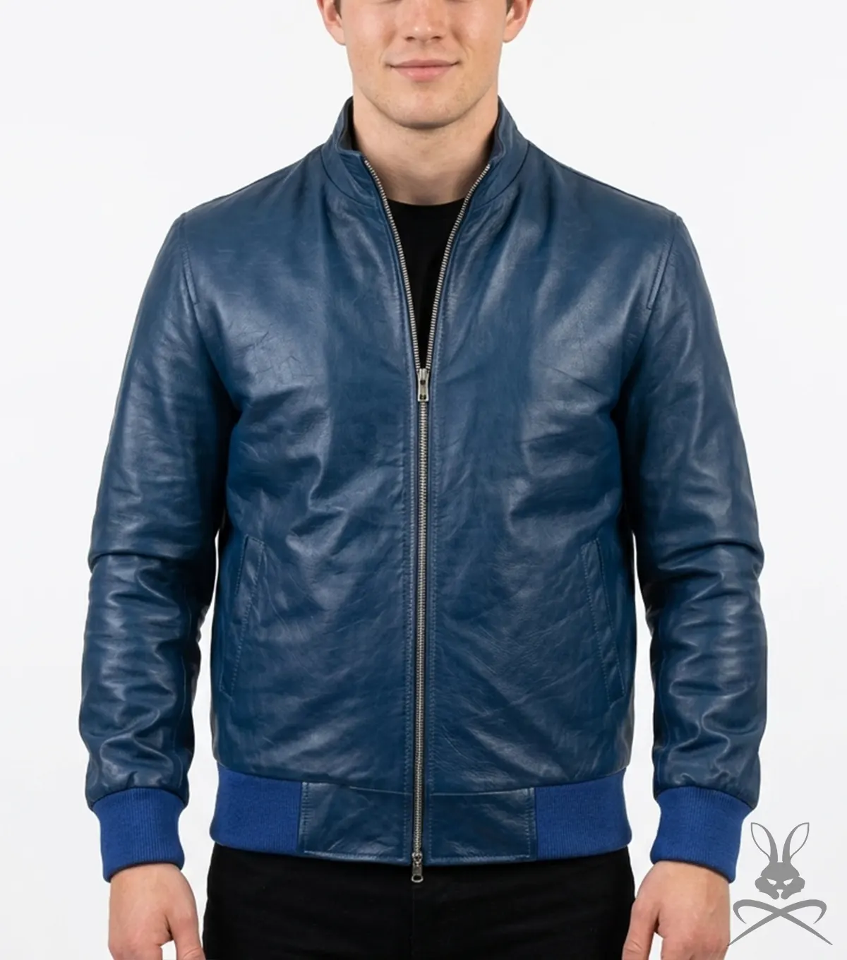 Mens Navy Blue Ribbed Cuff Bomber Flight Leather Jacket