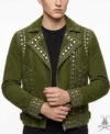 Mens Olive Green Studded Suede Leather Biker Jacket