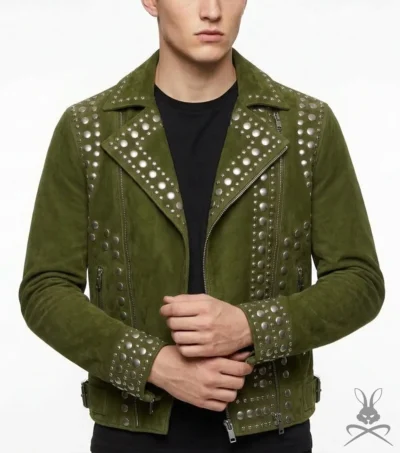 Mens Olive Green Studded Suede Leather Biker Jacket