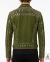 Mens Olive Green Studded Suede Leather Biker Jacket back