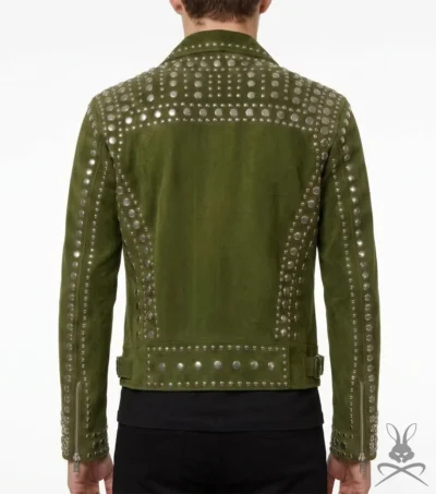 Mens Olive Green Studded Suede Leather Biker Jacket back