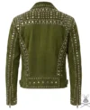 Mens Olive Green Studded Suede Leather Biker Jacket back view