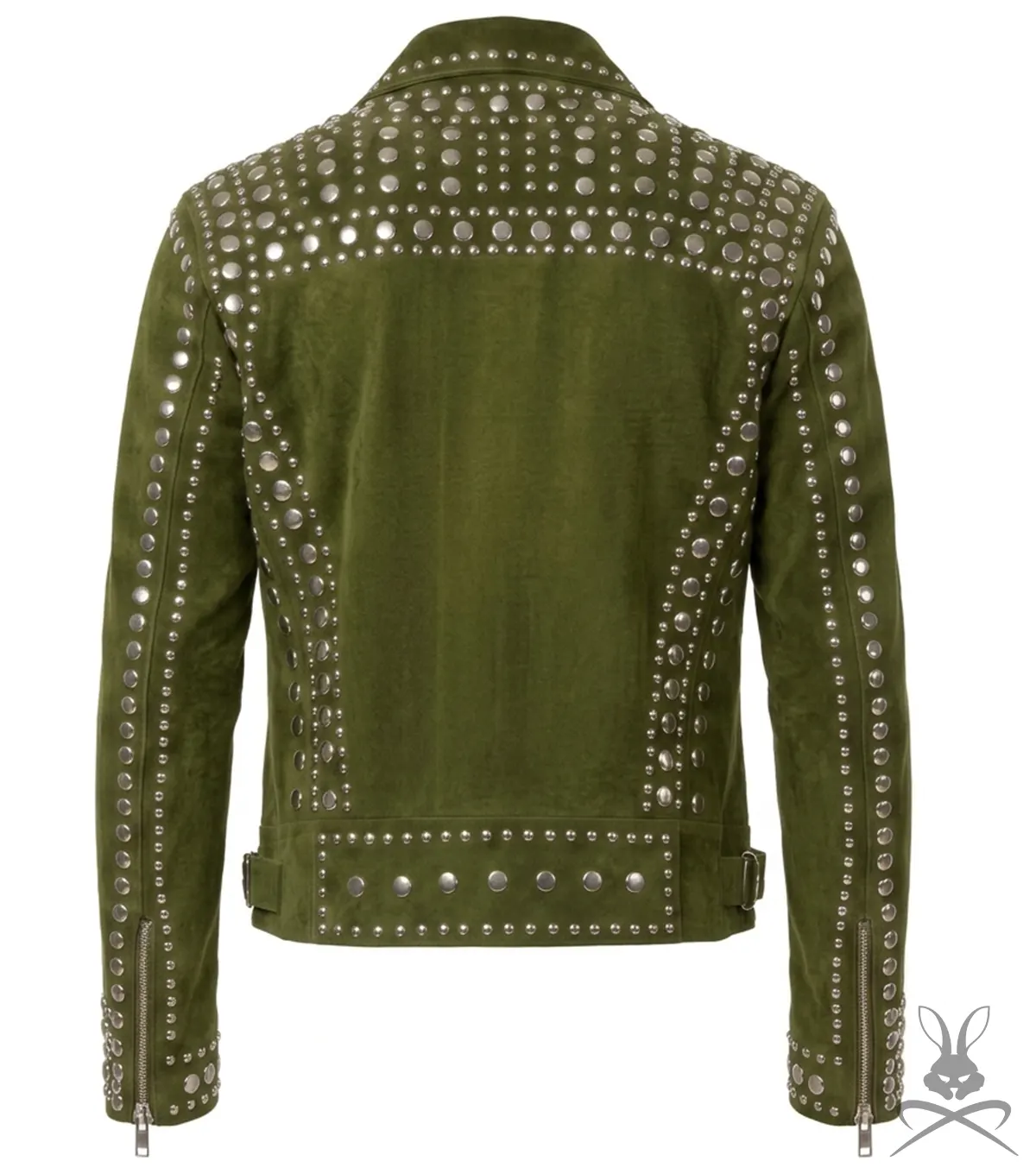 Mens Olive Green Studded Suede Leather Biker Jacket back view