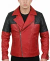 Mens Red Real Leather Biker Jacket with Black Diamond Quilted Shoulders