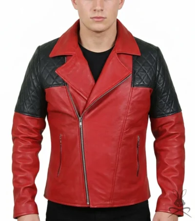 Mens Red Real Leather Biker Jacket with Black Diamond Quilted Shoulders