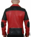 Mens Red Real Leather Biker Jacket with Black Diamond Quilted Shoulders back view