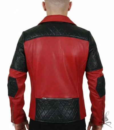 Mens Red Real Leather Biker Jacket with Black Diamond Quilted Shoulders back view