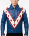 Mens Stegaro Blue Red Star and Stripes Racing Premium Genuine Leather Jacket